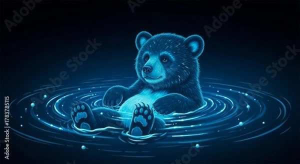 Fototapeta Cartoon bear floating in water with blue hues and starry background