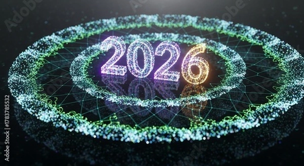 Fototapeta Abstract 3 d rendering of the year 2026 on dark background with circles