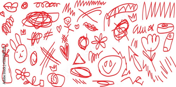 Fototapeta Whimsical red scribble art collage of hearts flowers and faces collection of spontaneous red crayon drawings on a light background featuring hearts, flowers, faces, and abstract shapes.