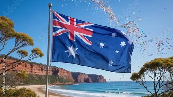 Fototapeta Vibrant Australian National Flag waving over dramatic red cliffs and coastline, celebrating Australia Day January 26 under a clear sky