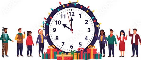 Obraz Group of people celebrating new year's eve with gifts and a decorated clock