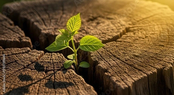 Fototapeta Vibrant green plant sprout growing from a crack in an old wooden tree stump in golden sunlight. Concept of resilience, new life, perseverance, and environmental renewal.