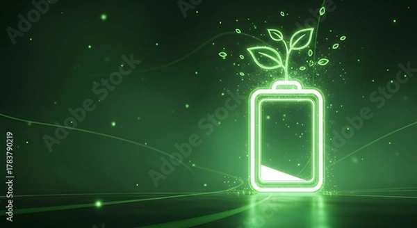 Fototapeta Glowing green battery icon with leaves sprouting from the top, surrounded by particles on a dark background. Concept of eco-friendly power, sustainable energy, and future technology.