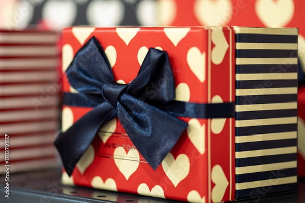 Obraz Red gift box with navy ribbon and heart pattern