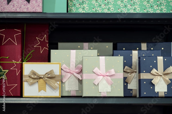 Obraz Colorful gift boxes with ribbons on store shelf