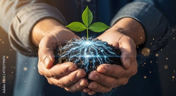 Fototapeta Hands holding soil with a glowing plant and electric roots in the center. Concept of biotechnology, power, smart agriculture, and energy connection.