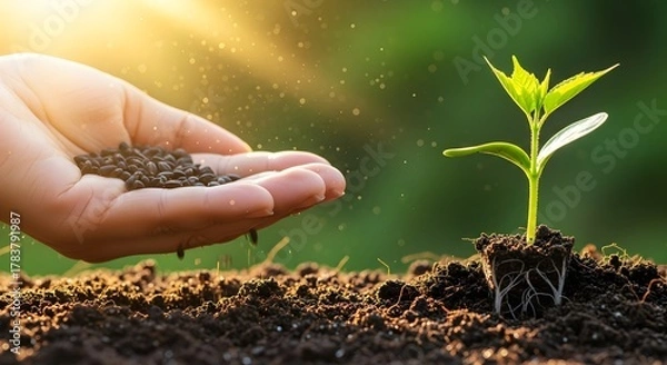 Fototapeta Hand fertilizing a small green plant with black seeds or pellets in rich soil under warm sunlight. Concept of agricultural care, nurturing, and future growth.