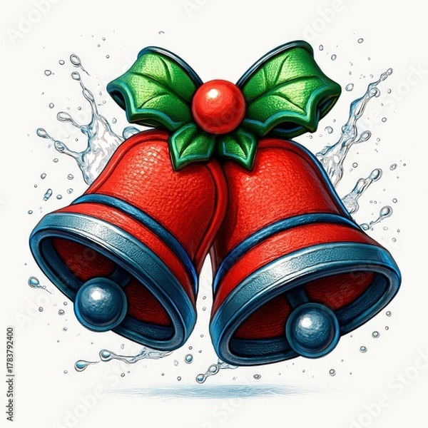 Fototapeta Red Christmas Bells with Blue Trim and Water Splashes