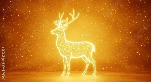 Fototapeta Magical Glowing Deer Silhouette Sparkles on a Golden Festive Background with Bokeh Lights