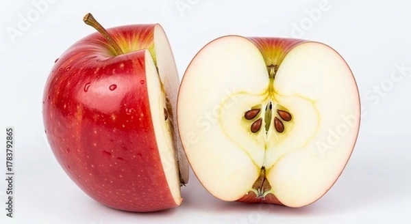 Fototapeta Close Up View of a Whole and Halved Red Apple on a White Surface