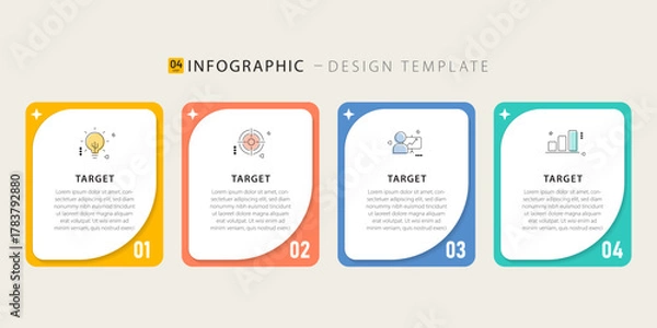 Fototapeta Business infographic template. 4 Step timeline journey. Process diagram, 4 options on white background, Infograph elements vector illustration.