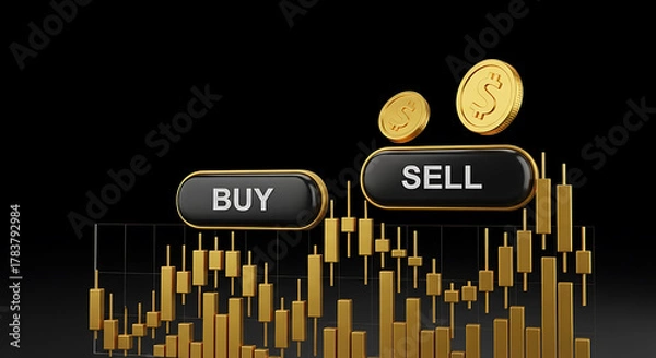 Fototapeta Gold candlestick chart with buy sell buttons and coins on black finance trading