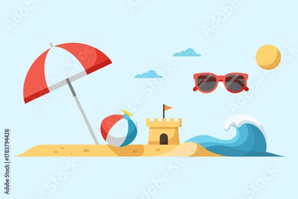 Obraz Beach Day Illustration Red Umbrella Sunglasses Sandcastle and Ocean Wave