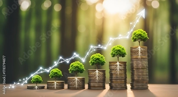 Fototapeta Ascending stacks of coins with small trees growing on top, connected by a bright, upward-trending stock market graph. Concept of business investment, sustainable finance, and green growth economy.