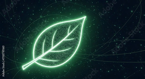 Fototapeta Bright neon glowing outline of a leaf shape with an intricate electronic circuit board pattern inside. Concept of biotechnology, green technology, and digital sustainability innovation background.