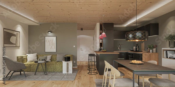 Fototapeta Photorealistic 3D rendering of a bright, modern apartment interior featuring open living, dining and kitchen areas. Scandinavian design style with natural wood, soft tones, elegant furniture and cozy 