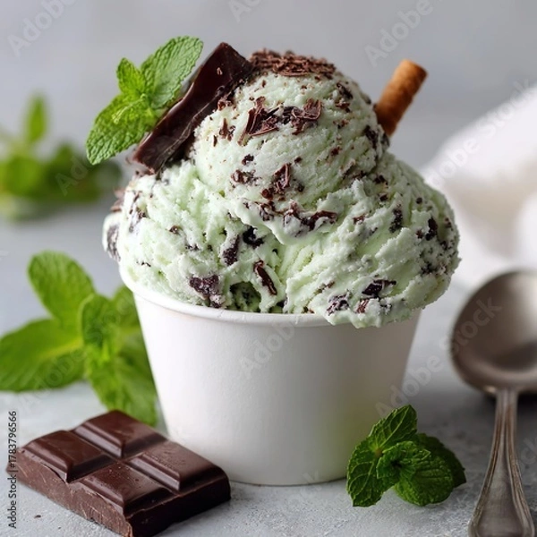 Fototapeta A serving of mint chocolate chip ice cream in a white paper cup.
