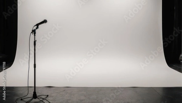 Fototapeta Microphone on stage with white backdrop for performance.