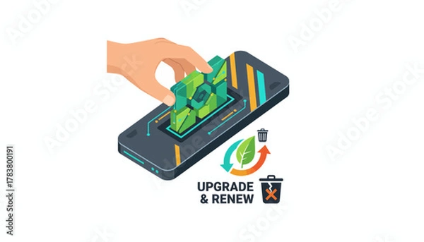 Obraz Digital Upgrade and Renewal Concept: Hand Interacting with Smartphone for Eco-Friendly System Transformation