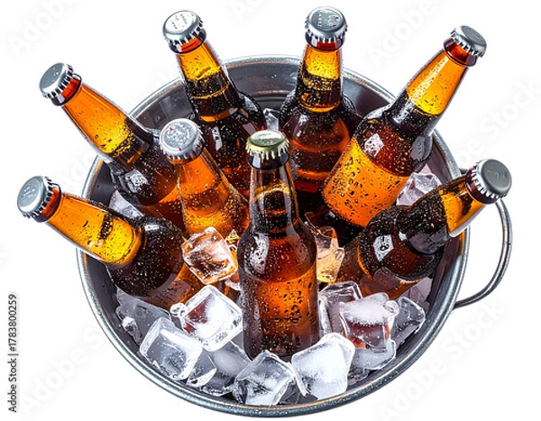 Fototapeta  - Chilled Beer Bottles in Ice-Filled Metal Bucket, Perfect for Summer Parties, Isolated on Transparent Background” 