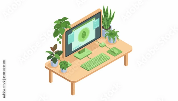 Obraz Green Technology Workspace: Isometric Desk Setup with Potted Plants, Promoting Sustainability and Biophilic Design