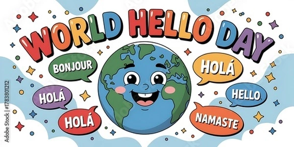 Fototapeta Happy cartoon earth character celebrating world hello day with greetings in multiple languages