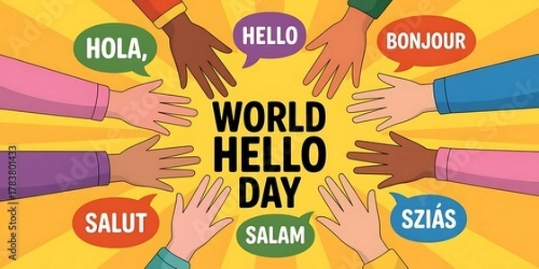 Fototapeta Diverse hands reach out in a circle celebrating world hello day with greetings in many languages
