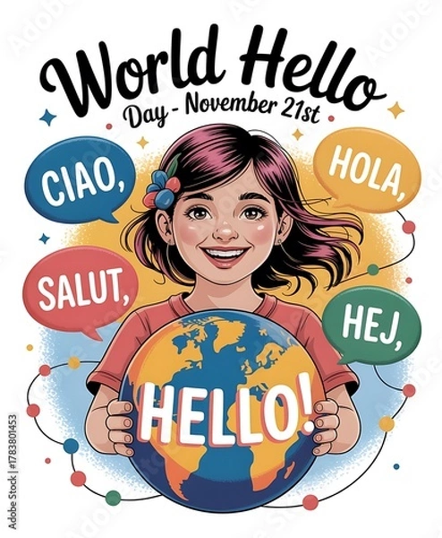 Fototapeta Celebrating world hello day november 21st with a smiling girl holding a globe of greetings
