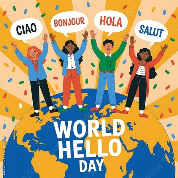 Fototapeta Diverse group of children celebrating world hello day with greetings in multiple languages
