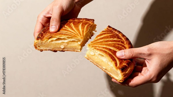 Obraz Hands breaking golden Galette des Rois on neutral background
