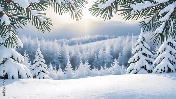 Fototapeta Sunlight filters through snow laden pine branches onto a serene winter forest landscape