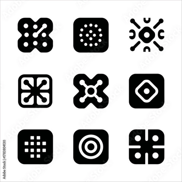 Obraz Collection of nine black square icons with abstract geometric patterns and dotted designs, symbolizing connection and structure