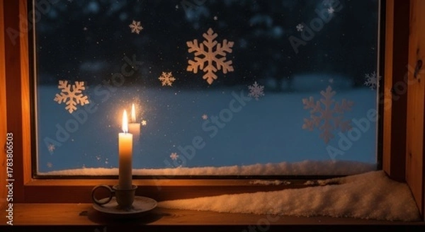 Fototapeta Candlelight illuminating winter window with snowflake decals