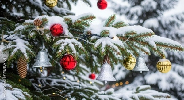 Fototapeta Snow covered Christmas tree branch with ornaments