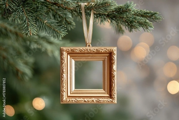 Fototapeta A golden photo frame ornament hanging on a Christmas tree branch.