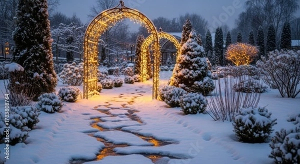 Fototapeta Winter garden with snow covered path and decorative archways illuminated with glowing fairy lights