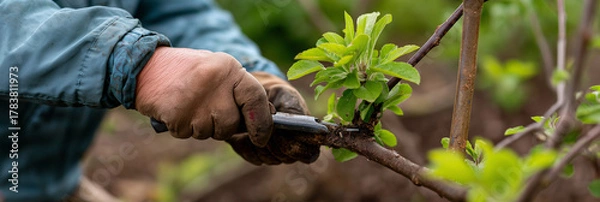 Fototapeta This close-up image captures the hands of a gardener carefully pruning tree branches, highlighting the nurturing aspect of gardening and the beauty of nature's growth.