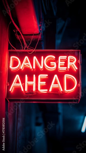 Fototapeta Neon red sign with text danger ahead glowing in dark corridor.
