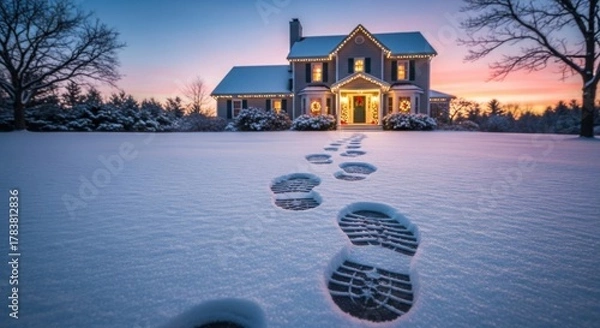 Obraz Winter wonderland home with footprint trail leading to the door