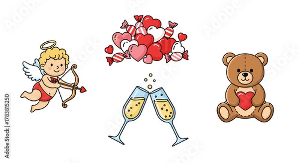 Fototapeta Cute Valentines Day Icons Collection with Cupid Teddy Bear and Champagne Glasses, Generative AI.