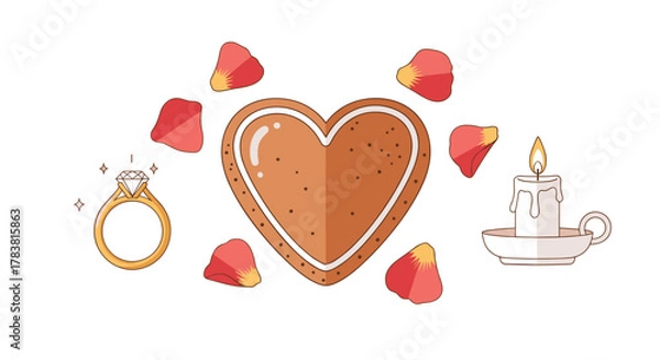 Fototapeta Heart shaped cookie with engagement ring and candle for romantic celebration, Generative AI.