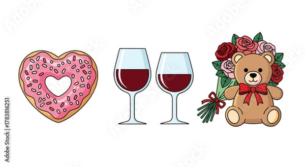 Fototapeta Heart shaped donut two glasses of red wine and a teddy bear with flowers, Generative AI.