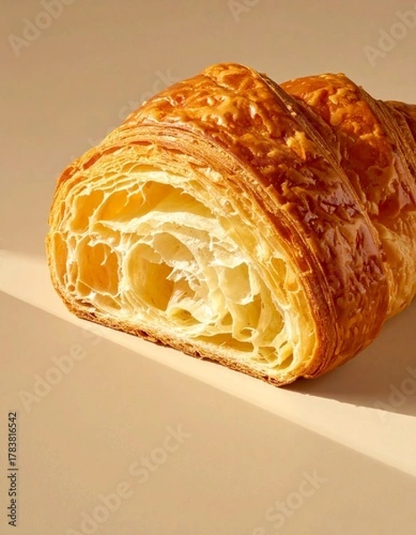 Fototapeta Freshly baked croissant cut in half showing the inside in an angle position