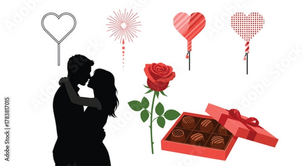 Fototapeta Romantic Couple Kissing Surrounded by Valentines Day Symbols, Generative AI.