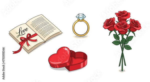 Fototapeta Romantic symbols of love and commitment including a book ring and roses, Generative AI.