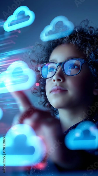 Fototapeta Child interacting with virtual cloud icons, digital technology and data concept.  
