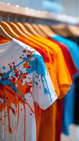 Obraz Colorful t-shirts hanging on rack, fashion and retail concept.  
