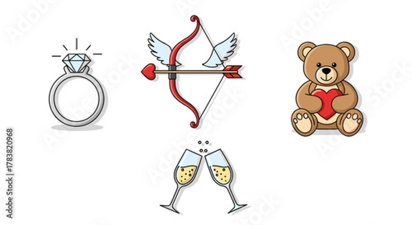 Fototapeta Valentines Day Icons Engagement Ring Cupids Bow Teddy Bear and Champagne Glasses, Generative AI.