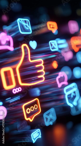 Obraz Neon social media icons in motion, digital marketing and online communication concept.  
