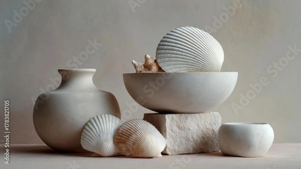 Fototapeta Minimalist still life with white ceramic vases, bowls and seashells arranged on a stone block. Concept Minimalist Still Life, White Ceramic Vases and Bowls, Seashell Accents, Stone Block Arrangement